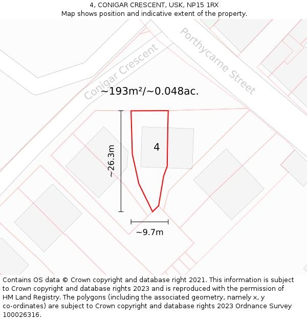 4, CONIGAR CRESCENT, USK, NP15 1RX: Plot and title map