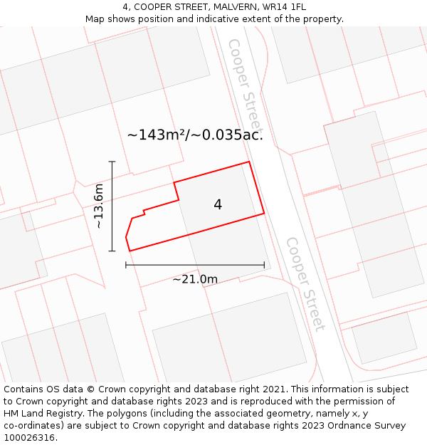 4, COOPER STREET, MALVERN, WR14 1FL: Plot and title map