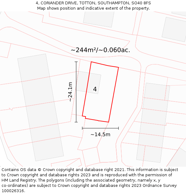 4, CORIANDER DRIVE, TOTTON, SOUTHAMPTON, SO40 8FS: Plot and title map