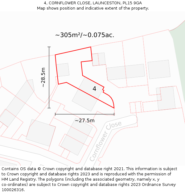 4, CORNFLOWER CLOSE, LAUNCESTON, PL15 9GA: Plot and title map