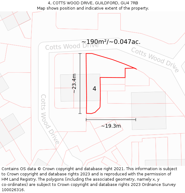 4, COTTS WOOD DRIVE, GUILDFORD, GU4 7RB: Plot and title map