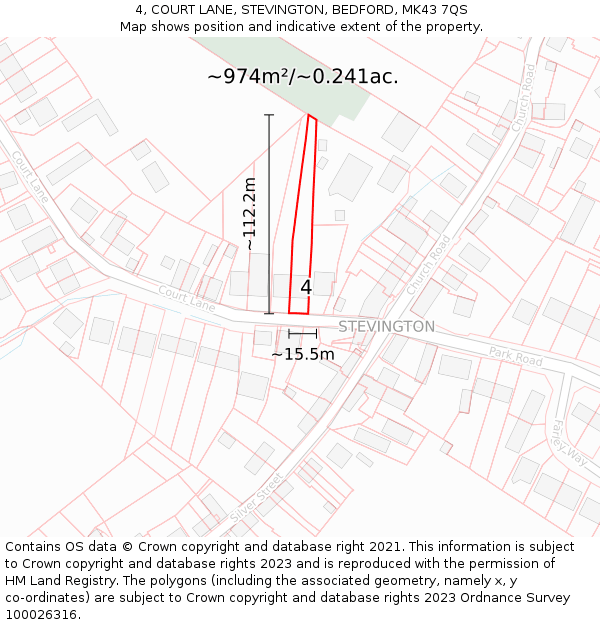 4, COURT LANE, STEVINGTON, BEDFORD, MK43 7QS: Plot and title map