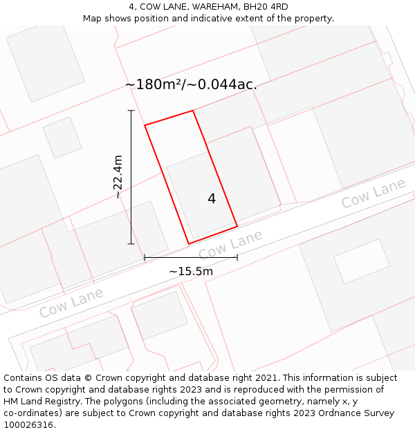 4, COW LANE, WAREHAM, BH20 4RD: Plot and title map