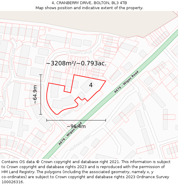 4, CRANBERRY DRIVE, BOLTON, BL3 4TB: Plot and title map