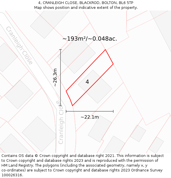 4, CRANLEIGH CLOSE, BLACKROD, BOLTON, BL6 5TP: Plot and title map
