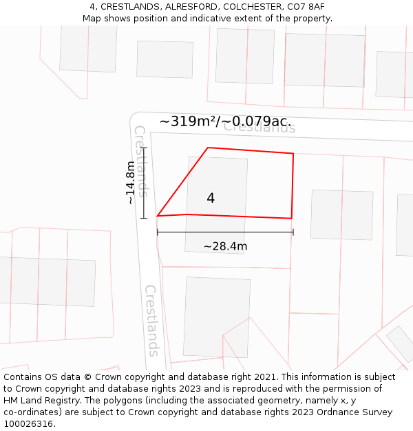 4, CRESTLANDS, ALRESFORD, COLCHESTER, CO7 8AF: Plot and title map