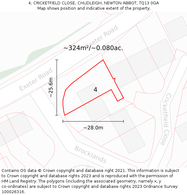 4, CRICKETFIELD CLOSE, CHUDLEIGH, NEWTON ABBOT, TQ13 0GA: Plot and title map