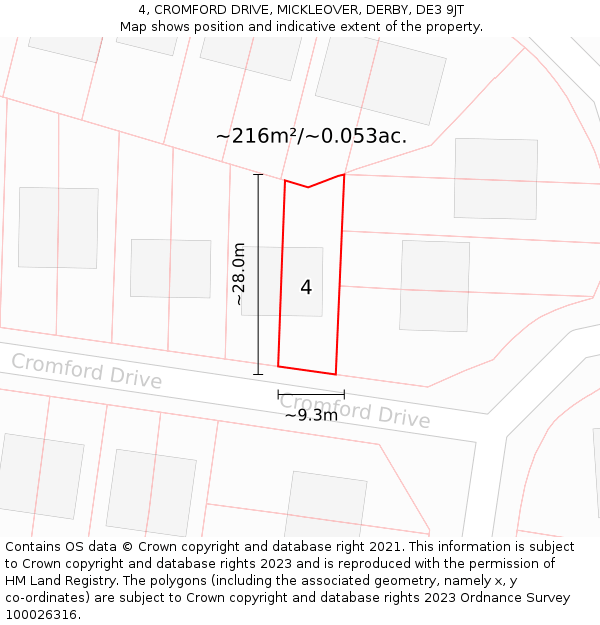 4, CROMFORD DRIVE, MICKLEOVER, DERBY, DE3 9JT: Plot and title map