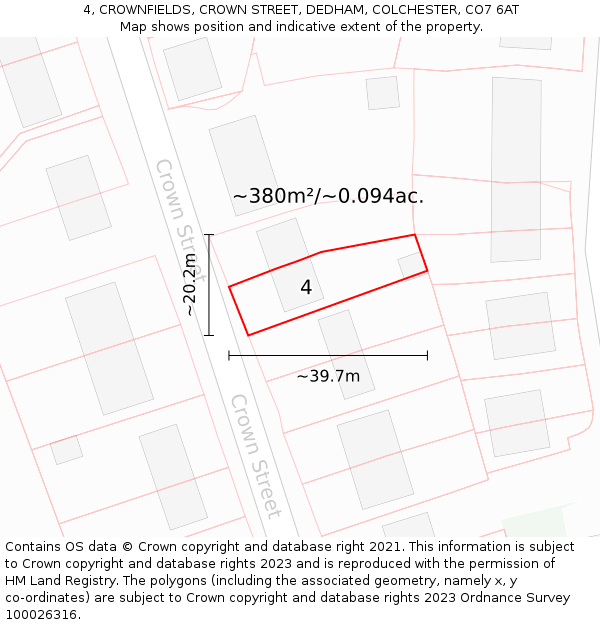 4, CROWNFIELDS, CROWN STREET, DEDHAM, COLCHESTER, CO7 6AT: Plot and title map