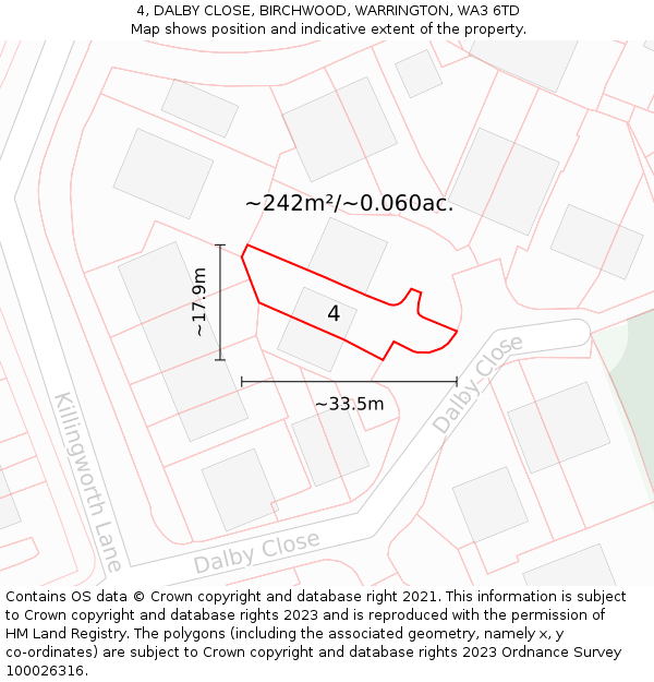 4, DALBY CLOSE, BIRCHWOOD, WARRINGTON, WA3 6TD: Plot and title map