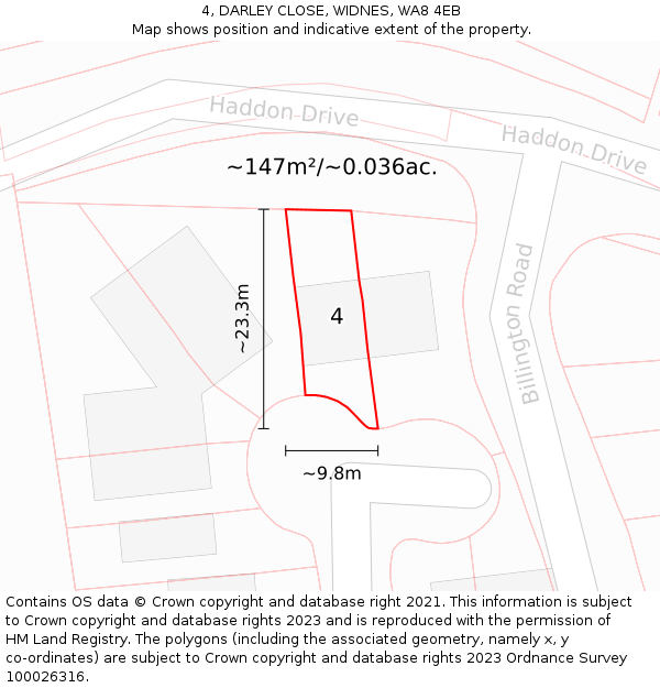 4, DARLEY CLOSE, WIDNES, WA8 4EB: Plot and title map