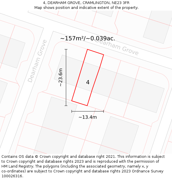 4, DEARHAM GROVE, CRAMLINGTON, NE23 3FR: Plot and title map