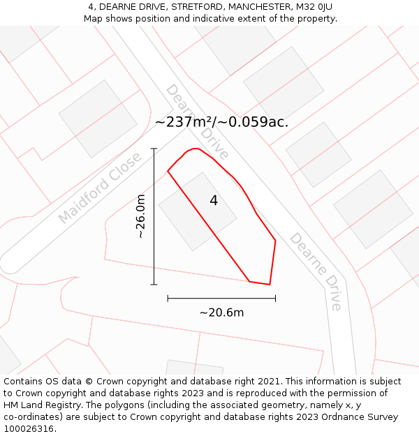 4, DEARNE DRIVE, STRETFORD, MANCHESTER, M32 0JU: Plot and title map