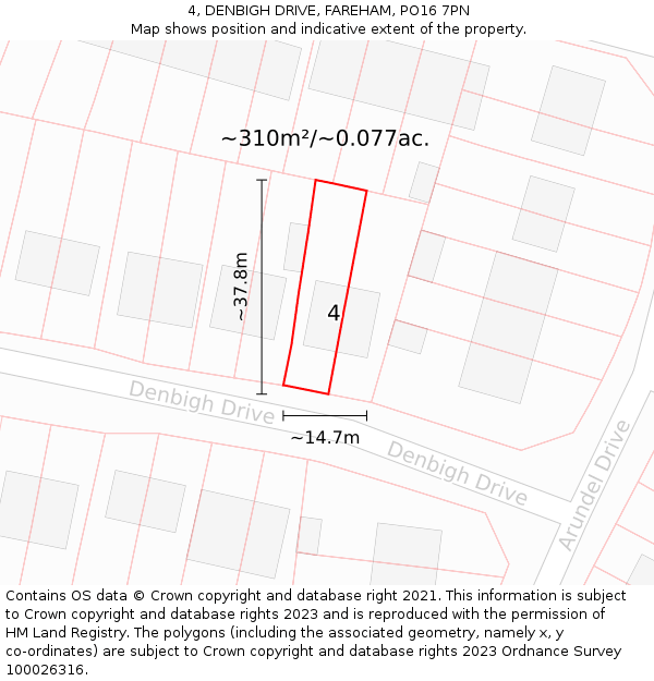 4, DENBIGH DRIVE, FAREHAM, PO16 7PN: Plot and title map