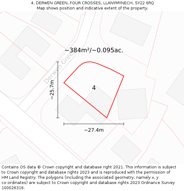 4, DERWEN GREEN, FOUR CROSSES, LLANYMYNECH, SY22 6RQ: Plot and title map