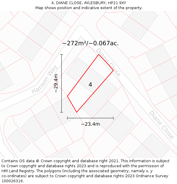 4, DIANE CLOSE, AYLESBURY, HP21 9XY: Plot and title map