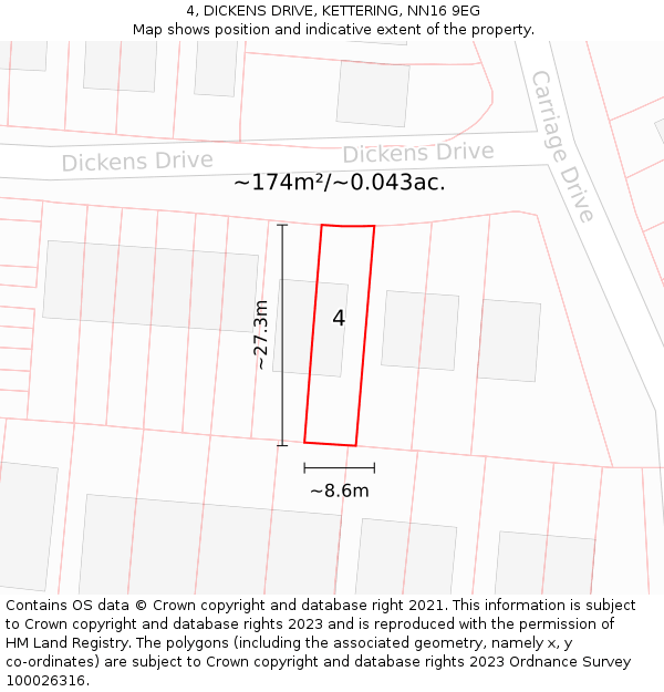 4, DICKENS DRIVE, KETTERING, NN16 9EG: Plot and title map