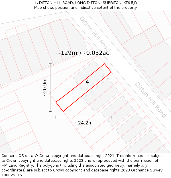 4, DITTON HILL ROAD, LONG DITTON, SURBITON, KT6 5JD: Plot and title map