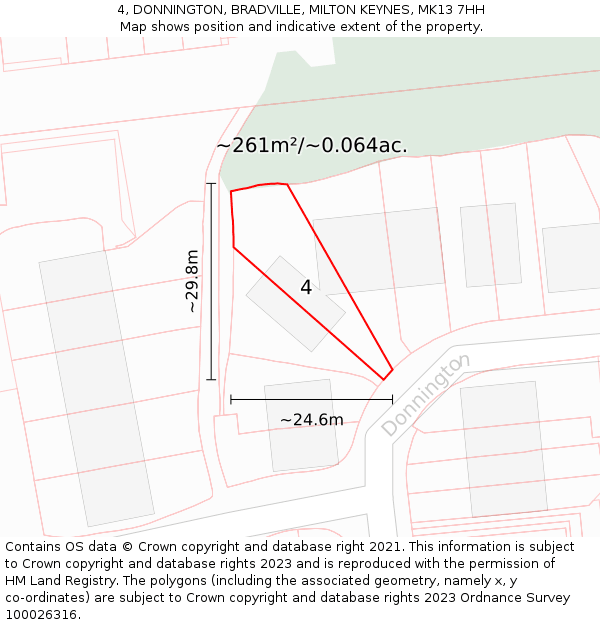 4, DONNINGTON, BRADVILLE, MILTON KEYNES, MK13 7HH: Plot and title map