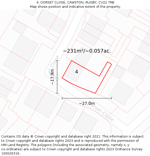 4, DORSET CLOSE, CAWSTON, RUGBY, CV22 7RB: Plot and title map