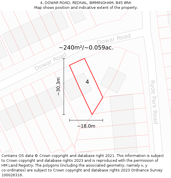 4, DOWAR ROAD, REDNAL, BIRMINGHAM, B45 8RA: Plot and title map