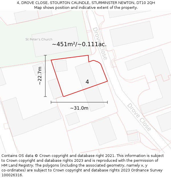 4, DROVE CLOSE, STOURTON CAUNDLE, STURMINSTER NEWTON, DT10 2QH: Plot and title map