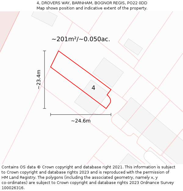 4, DROVERS WAY, BARNHAM, BOGNOR REGIS, PO22 0DD: Plot and title map