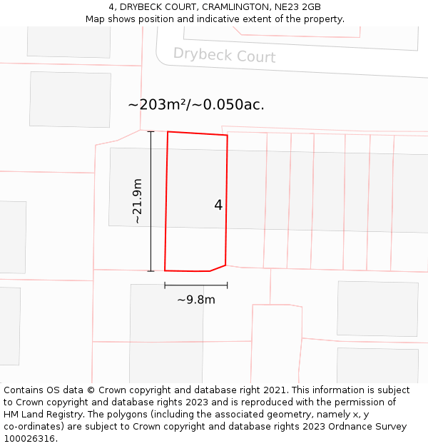 4, DRYBECK COURT, CRAMLINGTON, NE23 2GB: Plot and title map