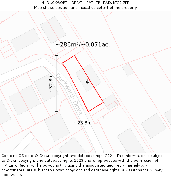 4, DUCKWORTH DRIVE, LEATHERHEAD, KT22 7FR: Plot and title map