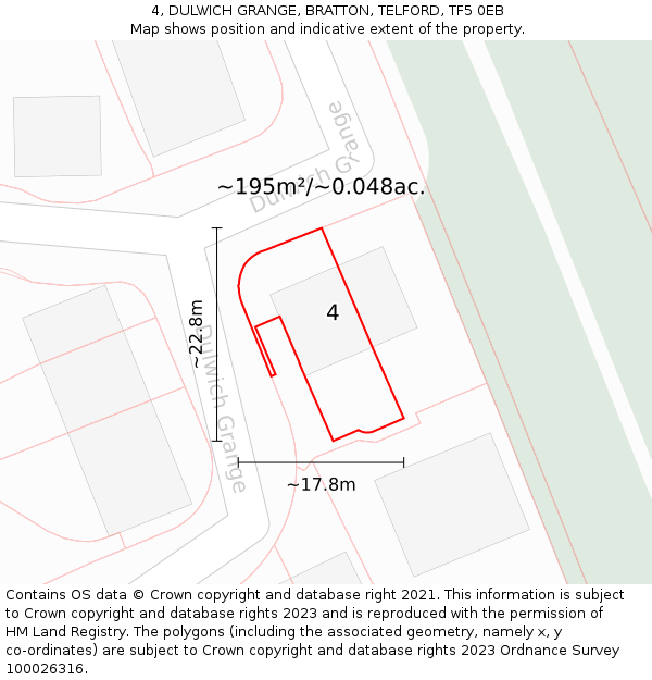 4, DULWICH GRANGE, BRATTON, TELFORD, TF5 0EB: Plot and title map