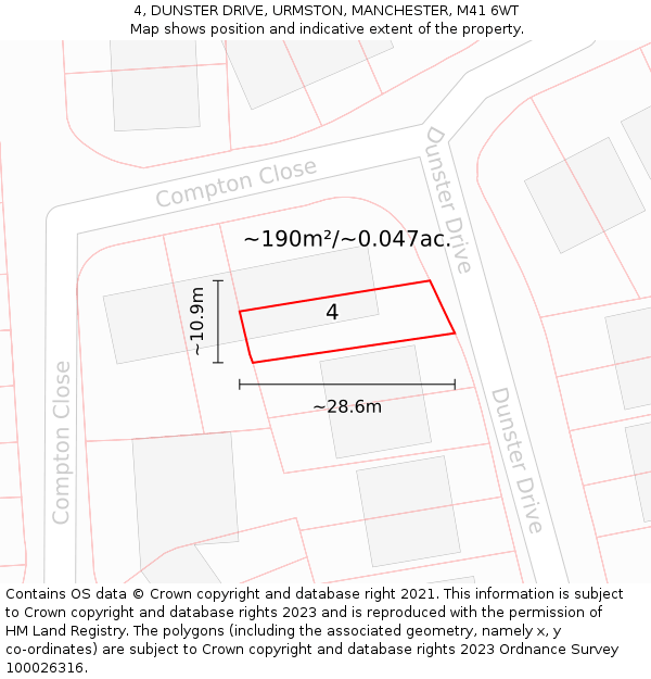 4, DUNSTER DRIVE, URMSTON, MANCHESTER, M41 6WT: Plot and title map