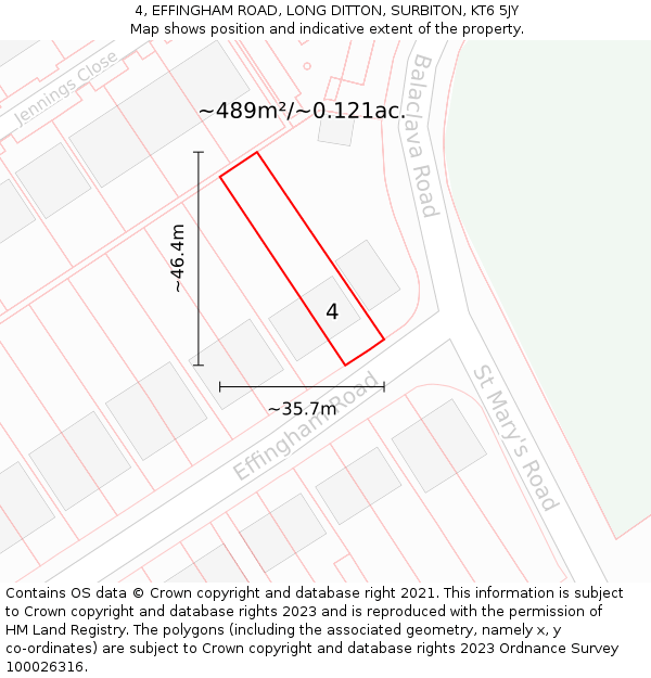 4, EFFINGHAM ROAD, LONG DITTON, SURBITON, KT6 5JY: Plot and title map