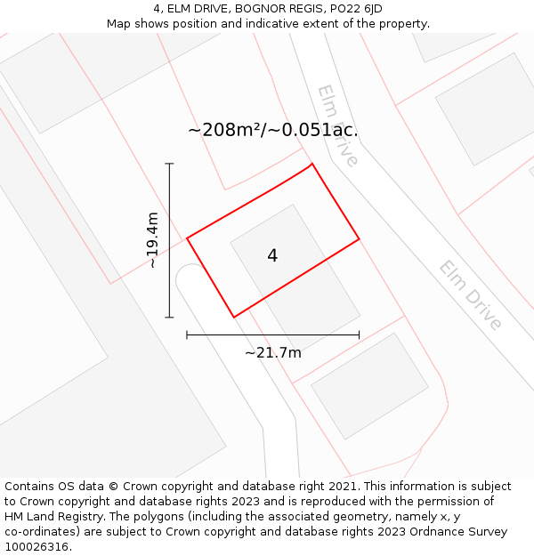 4, ELM DRIVE, BOGNOR REGIS, PO22 6JD: Plot and title map