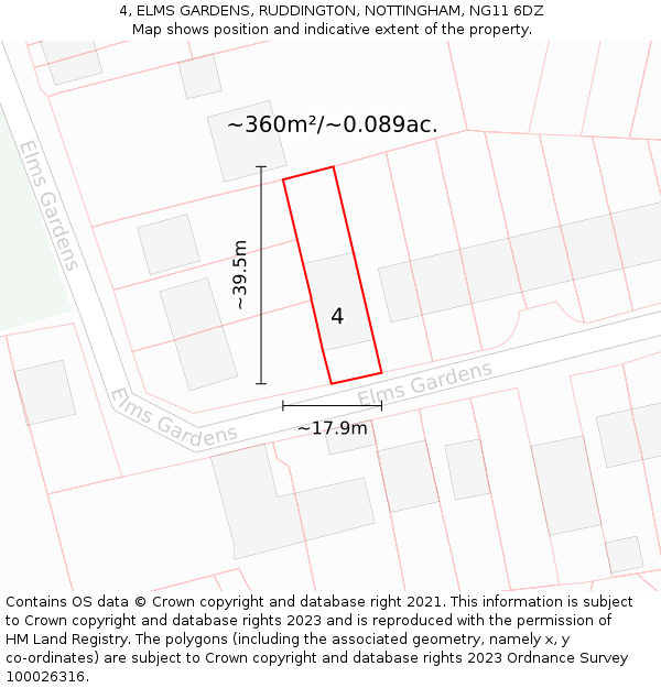 4, ELMS GARDENS, RUDDINGTON, NOTTINGHAM, NG11 6DZ: Plot and title map