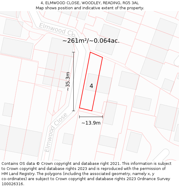 4, ELMWOOD CLOSE, WOODLEY, READING, RG5 3AL: Plot and title map