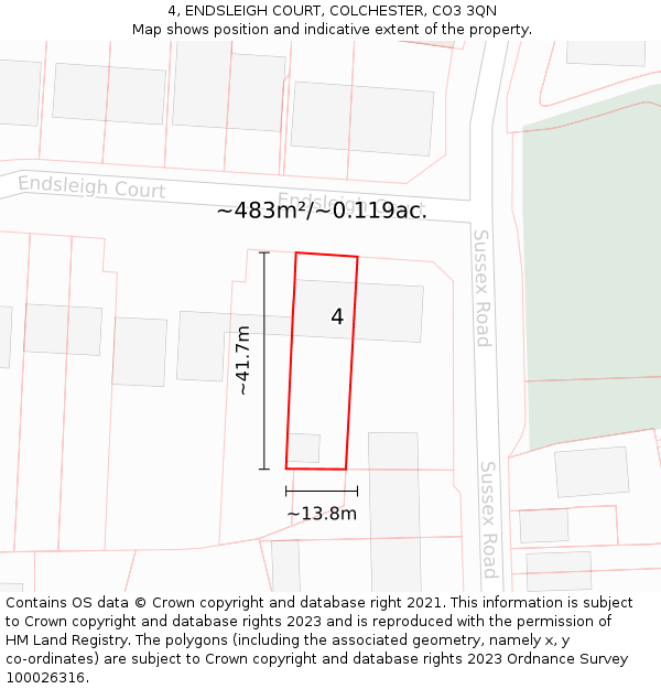 4, ENDSLEIGH COURT, COLCHESTER, CO3 3QN: Plot and title map