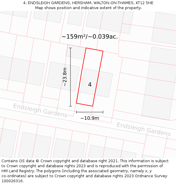 4, ENDSLEIGH GARDENS, HERSHAM, WALTON-ON-THAMES, KT12 5HE: Plot and title map
