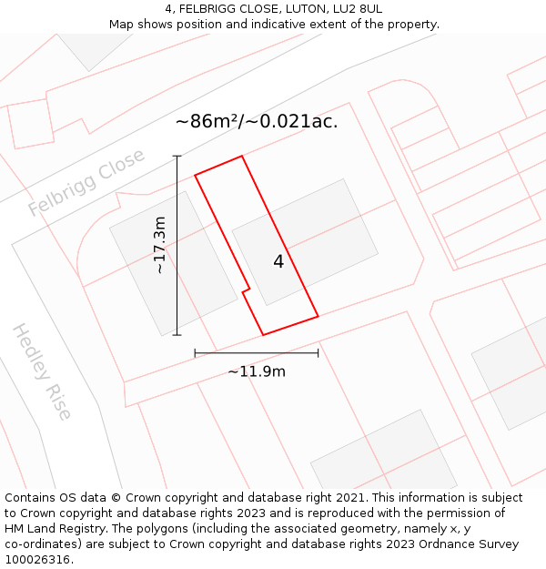 4, FELBRIGG CLOSE, LUTON, LU2 8UL: Plot and title map