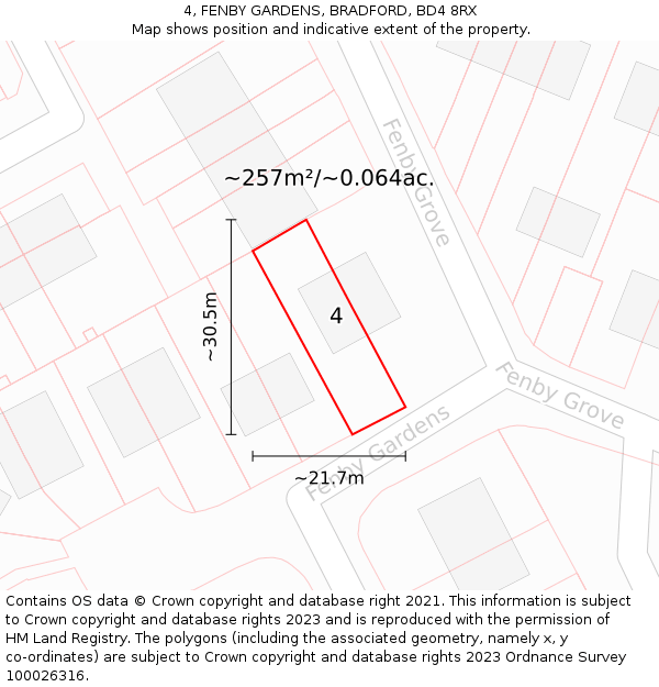 4, FENBY GARDENS, BRADFORD, BD4 8RX: Plot and title map