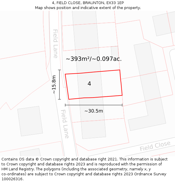 4, FIELD CLOSE, BRAUNTON, EX33 1EP: Plot and title map