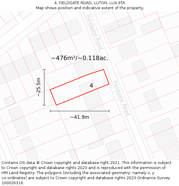 4, FIELDGATE ROAD, LUTON, LU4 9TA: Plot and title map