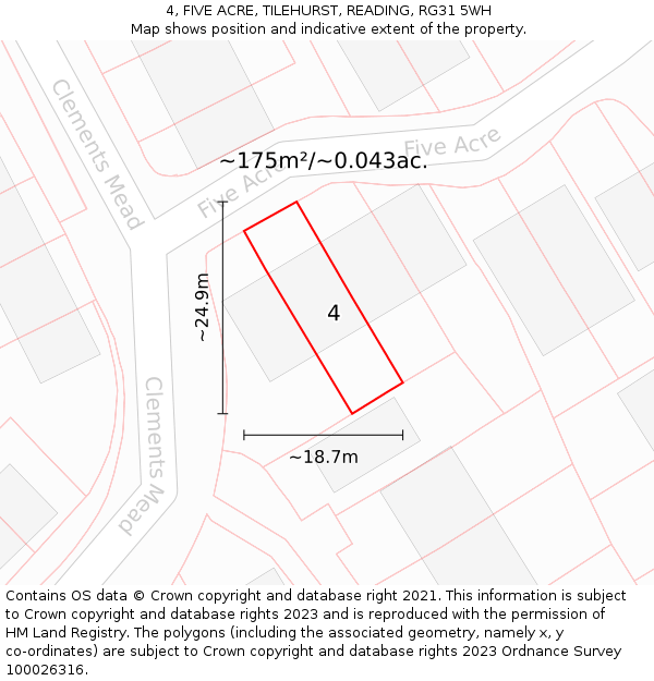 4, FIVE ACRE, TILEHURST, READING, RG31 5WH: Plot and title map