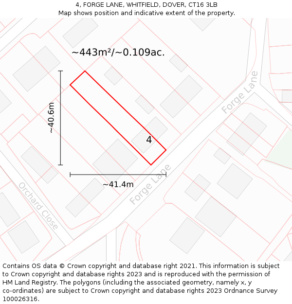 4, FORGE LANE, WHITFIELD, DOVER, CT16 3LB: Plot and title map