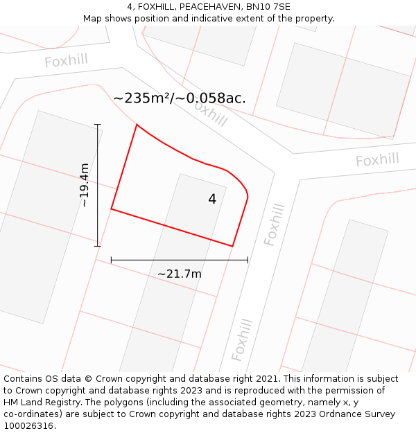 4, FOXHILL, PEACEHAVEN, BN10 7SE: Plot and title map