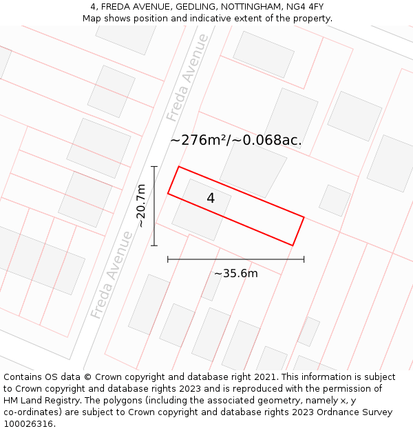 4, FREDA AVENUE, GEDLING, NOTTINGHAM, NG4 4FY: Plot and title map