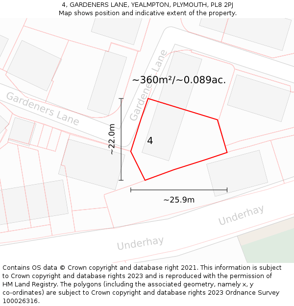 4, GARDENERS LANE, YEALMPTON, PLYMOUTH, PL8 2PJ: Plot and title map