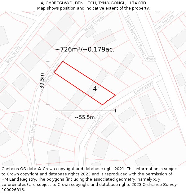 4, GARREGLWYD, BENLLECH, TYN-Y-GONGL, LL74 8RB: Plot and title map