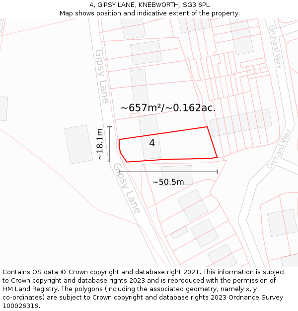 4, GIPSY LANE, KNEBWORTH, SG3 6PL: Plot and title map