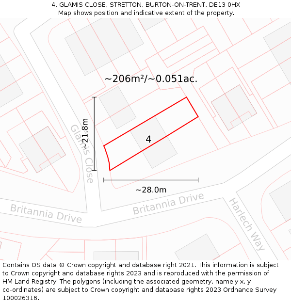 4, GLAMIS CLOSE, STRETTON, BURTON-ON-TRENT, DE13 0HX: Plot and title map