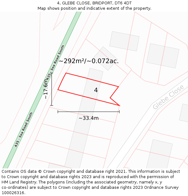 4, GLEBE CLOSE, BRIDPORT, DT6 4DT: Plot and title map